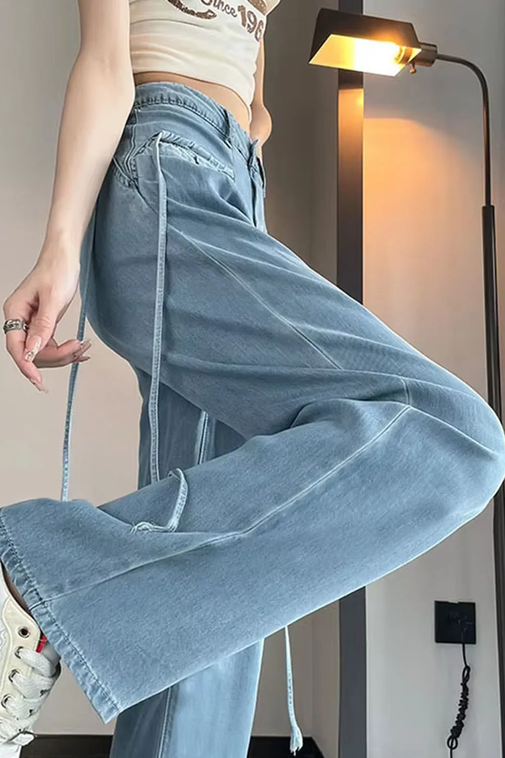 High Waist Cute Drawstring Long Jeans Pants