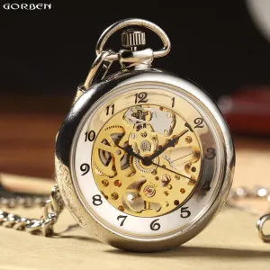 Hot Sale Retro Silver Skeleton Transparent Mechanical Pocket Watch for Men Women FOB Chain Hand Winding Full Steel Pocket Watch