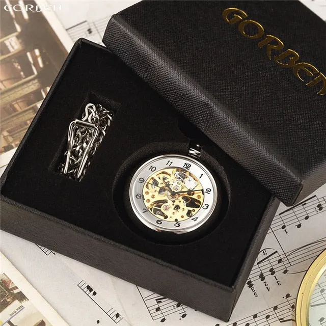 Hot Sale Retro Silver Skeleton Transparent Mechanical Pocket Watch for Men Women FOB Chain Hand Winding Full Steel Pocket Watch