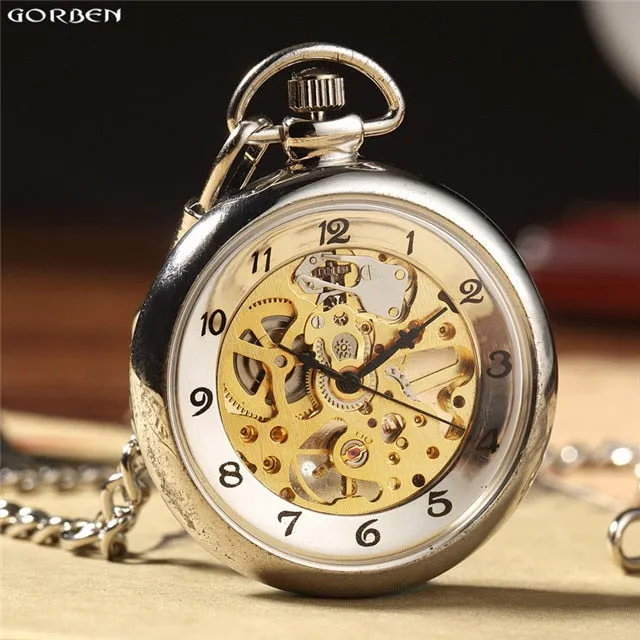 Hot Sale Retro Silver Skeleton Transparent Mechanical Pocket Watch for Men Women FOB Chain Hand Winding Full Steel Pocket Watch