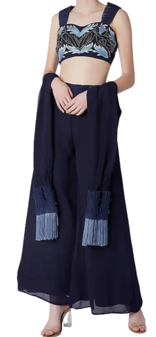 Inverted Beaded Ruffle Blouse With Palazzo & Dupatta