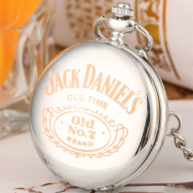 Jack Daniel's Old Time Laser Engraved Design Quartz Pocket Watch Silver Retro Pendant Steampunk Watch Gifts for Men Women reloj