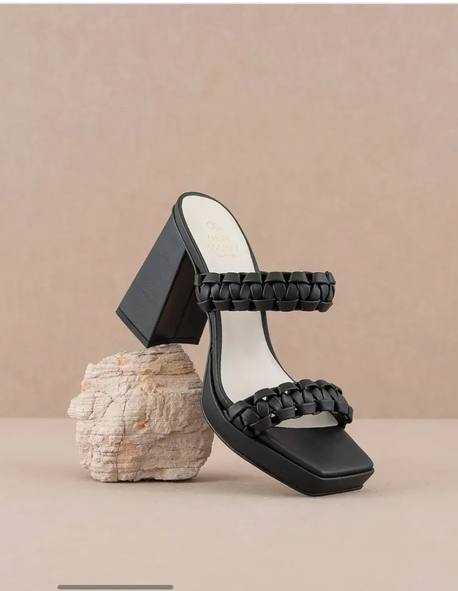 Joanna Double Strap Black Braided Chunky Strap Platform Heel