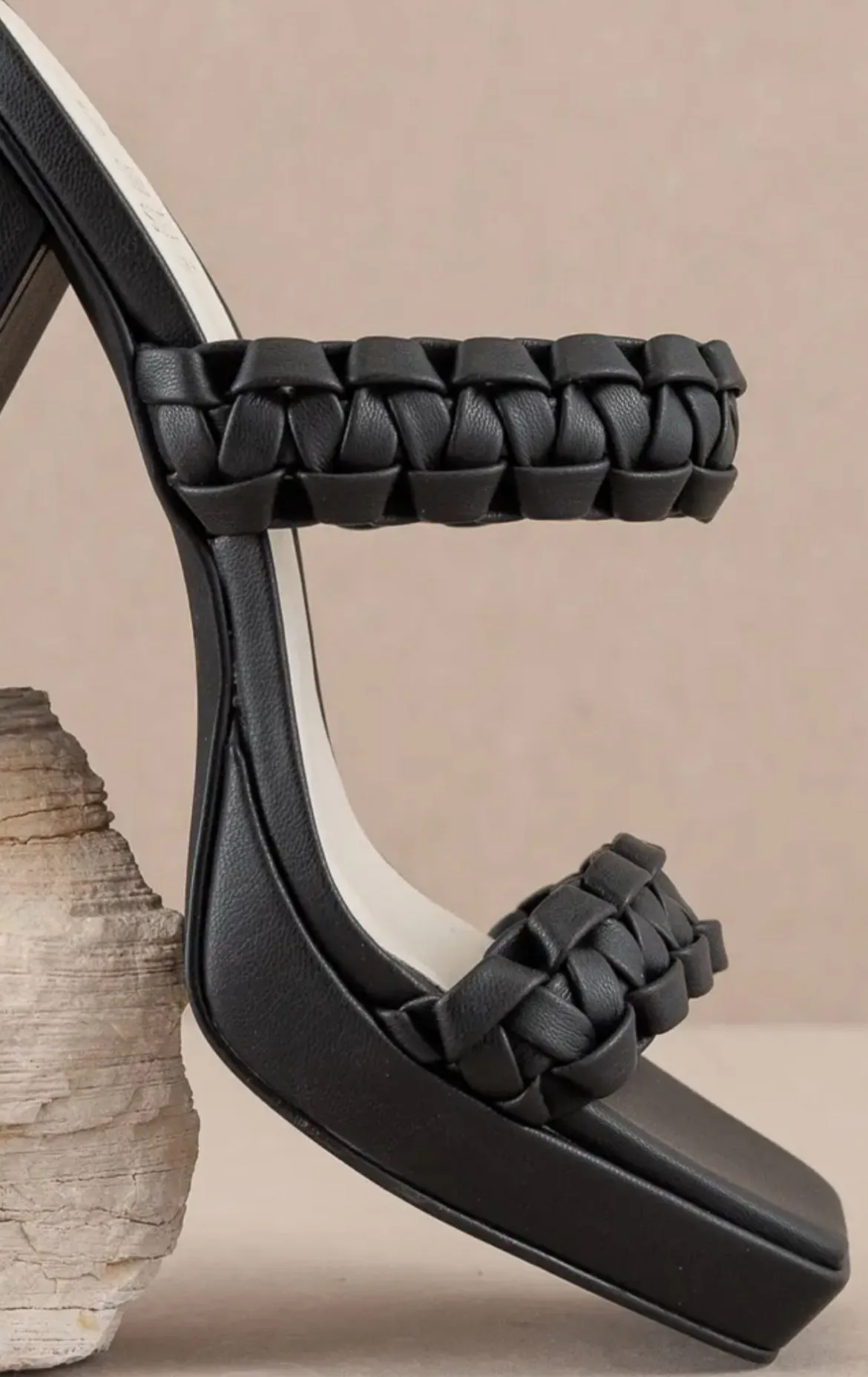 Joanna Double Strap Black Braided Chunky Strap Platform Heel