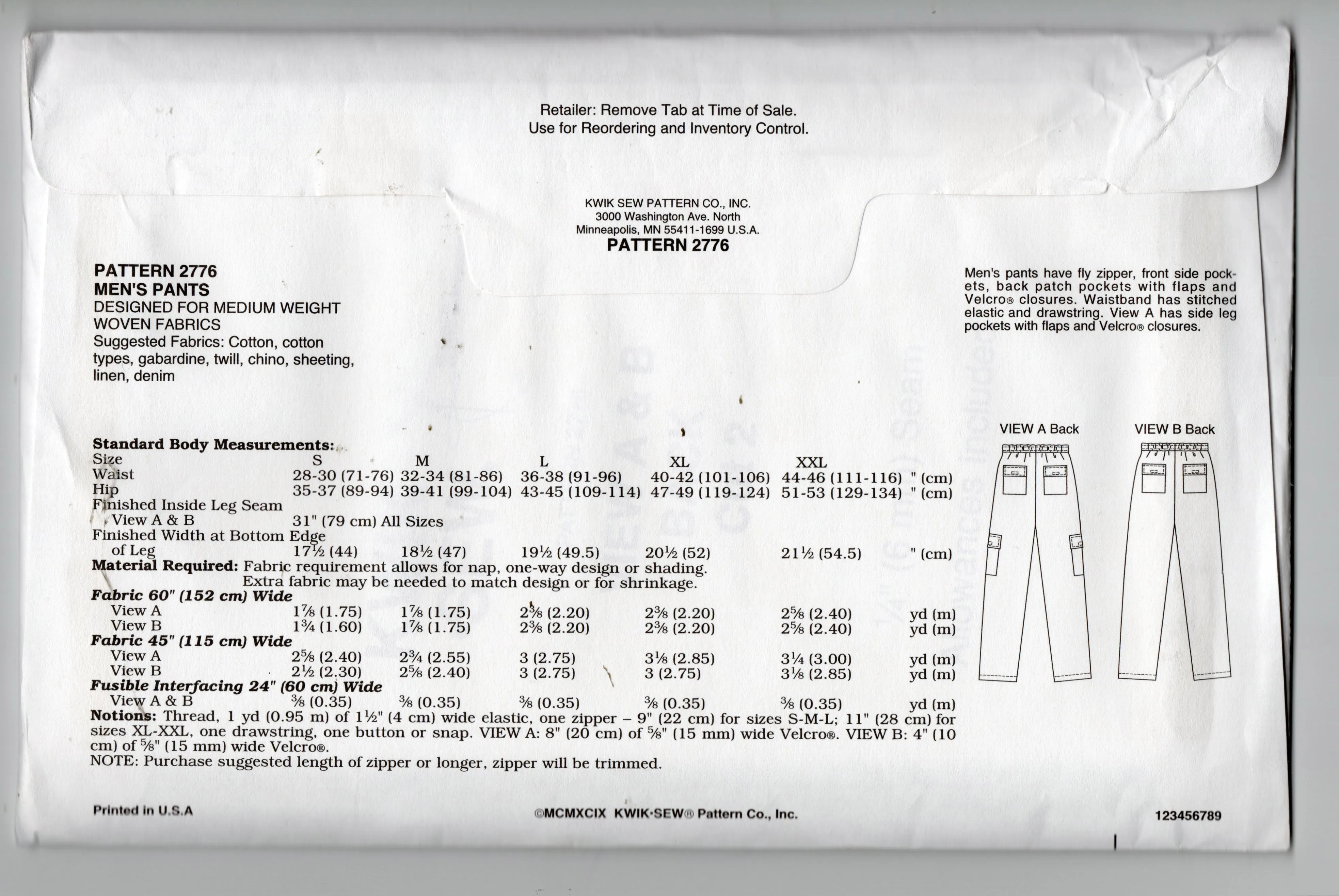 Kwik Sew 2776 Mens Casual Cargo Pants 1990s Sewing Pattern Size S - XXL UNCUT Factory Folded