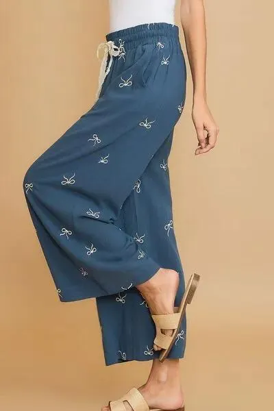 Lace Drawstring Embroidered Bow Wide Leg Pants