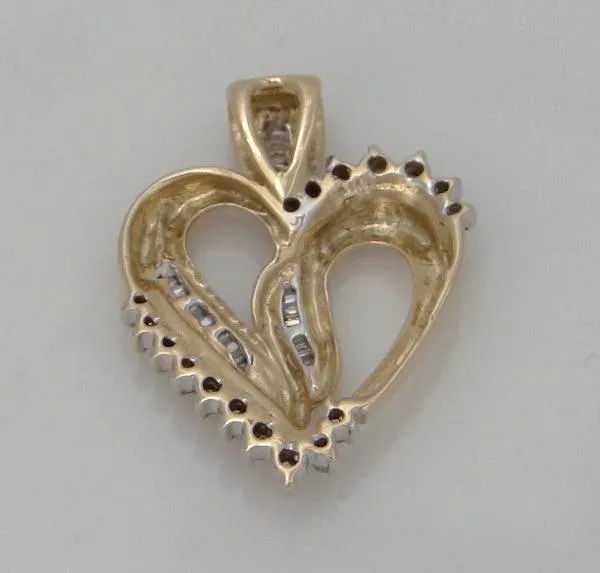 LADIES 10K YELLOW GOLD 1/2ct ROUND BAGUETTE DIAMOND HEART LOVE PENDANT CHARM 1"