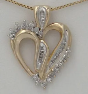 LADIES 10K YELLOW GOLD 1/2ct ROUND BAGUETTE DIAMOND HEART LOVE PENDANT CHARM 1"