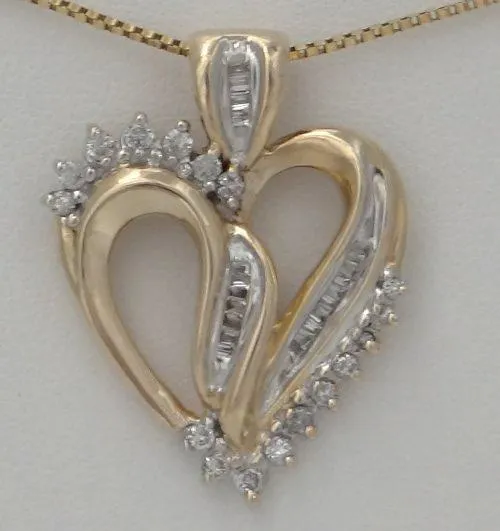 LADIES 10K YELLOW GOLD 1/2ct ROUND BAGUETTE DIAMOND HEART LOVE PENDANT CHARM 1"