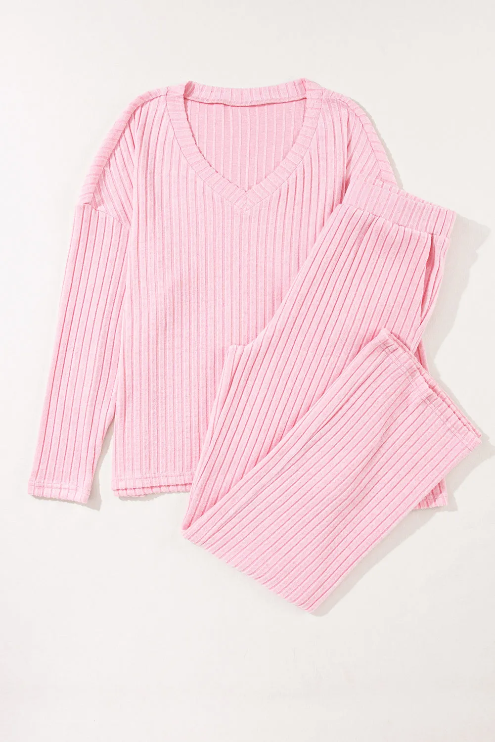 Light Pink Ribbed Knit V Neck Slouchy Two-piece Outfit