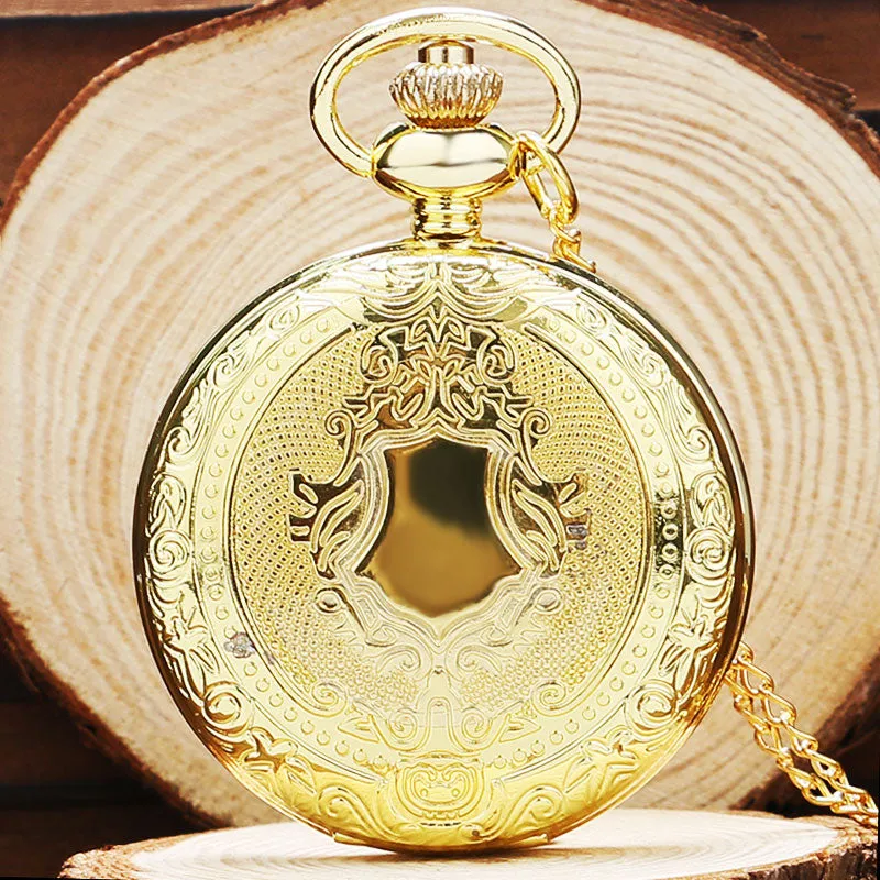 Luxury Golden Bells Case Design Retro Pattern Theme Quartz Pocket Watch Necklace Chain Vintage Fob Watches Reloj de bolsillo