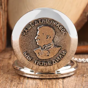 Luxury Silver Portrait of Stalin of Russia's Leader Quartz Pocket Watch with Chain Necklace Pendant Fob Clock For Men Women Gift