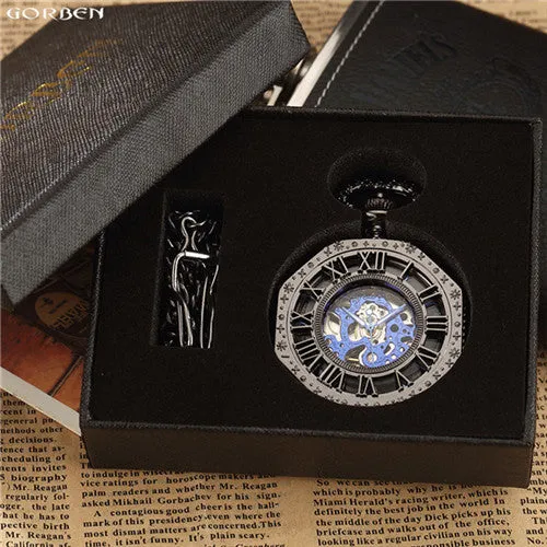 Luxury Unique Hexagonal Roman Number Pocket Watch with FOB Chain Steampunk Full Steel Mechanical Hand-winding Gold Pocket Watch