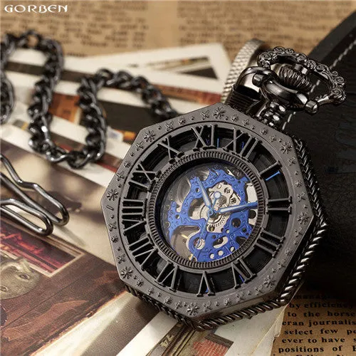 Luxury Unique Hexagonal Roman Number Pocket Watch with FOB Chain Steampunk Full Steel Mechanical Hand-winding Gold Pocket Watch
