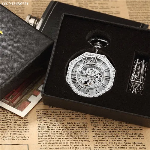 Luxury Unique Hexagonal Roman Number Pocket Watch with FOB Chain Steampunk Full Steel Mechanical Hand-winding Gold Pocket Watch