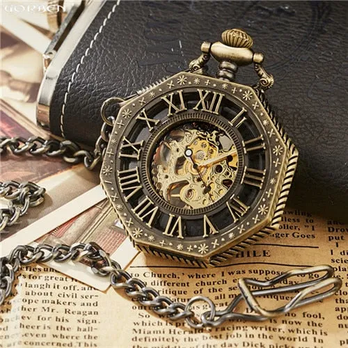 Luxury Unique Hexagonal Roman Number Pocket Watch with FOB Chain Steampunk Full Steel Mechanical Hand-winding Gold Pocket Watch