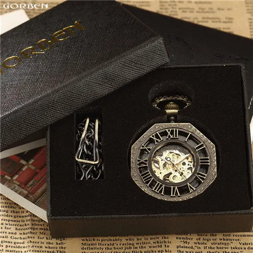 Luxury Unique Hexagonal Roman Number Pocket Watch with FOB Chain Steampunk Full Steel Mechanical Hand-winding Gold Pocket Watch