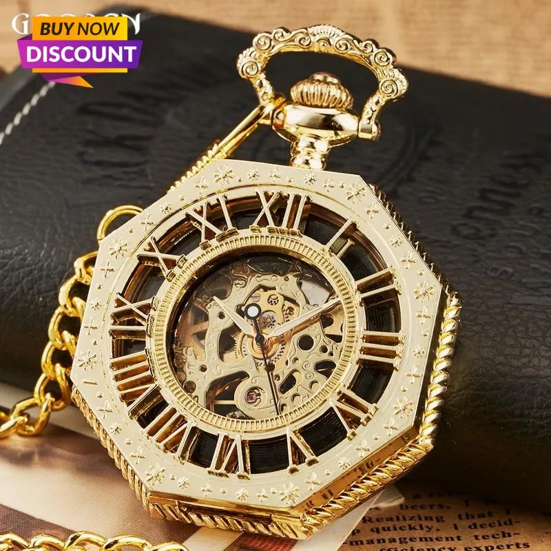 Luxury Unique Hexagonal Roman Number Pocket Watch with FOB Chain Steampunk Full Steel Mechanical Hand-winding Gold Pocket Watch