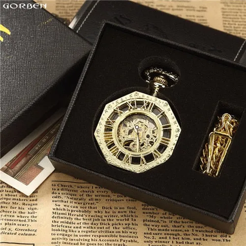 Luxury Unique Hexagonal Roman Number Pocket Watch with FOB Chain Steampunk Full Steel Mechanical Hand-winding Gold Pocket Watch