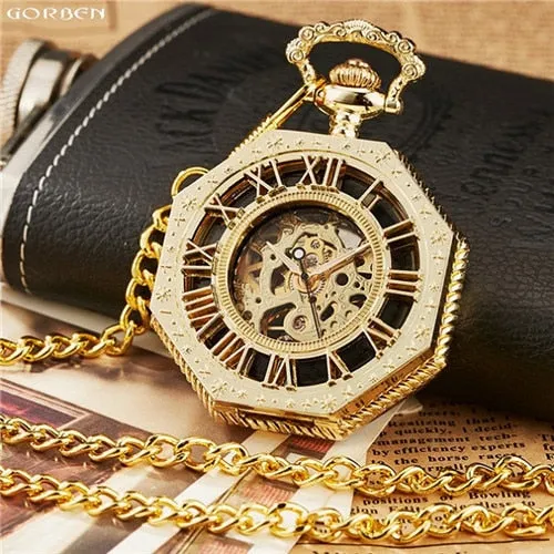 Luxury Unique Hexagonal Roman Number Pocket Watch with FOB Chain Steampunk Full Steel Mechanical Hand-winding Gold Pocket Watch