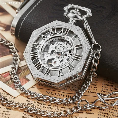 Luxury Unique Hexagonal Roman Number Pocket Watch with FOB Chain Steampunk Full Steel Mechanical Hand-winding Gold Pocket Watch