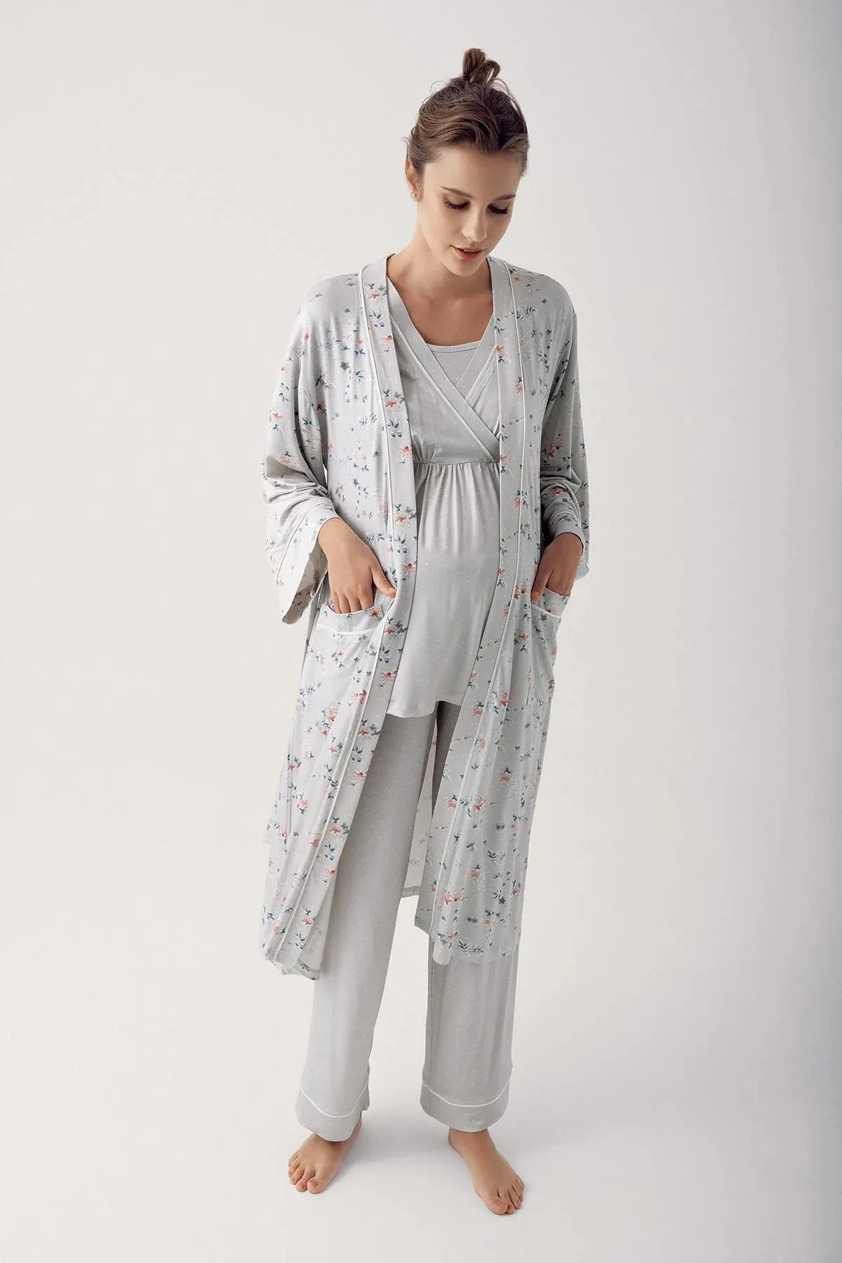 Lycra 3 pcs Maternity Rabe Pajamas Set/Gri