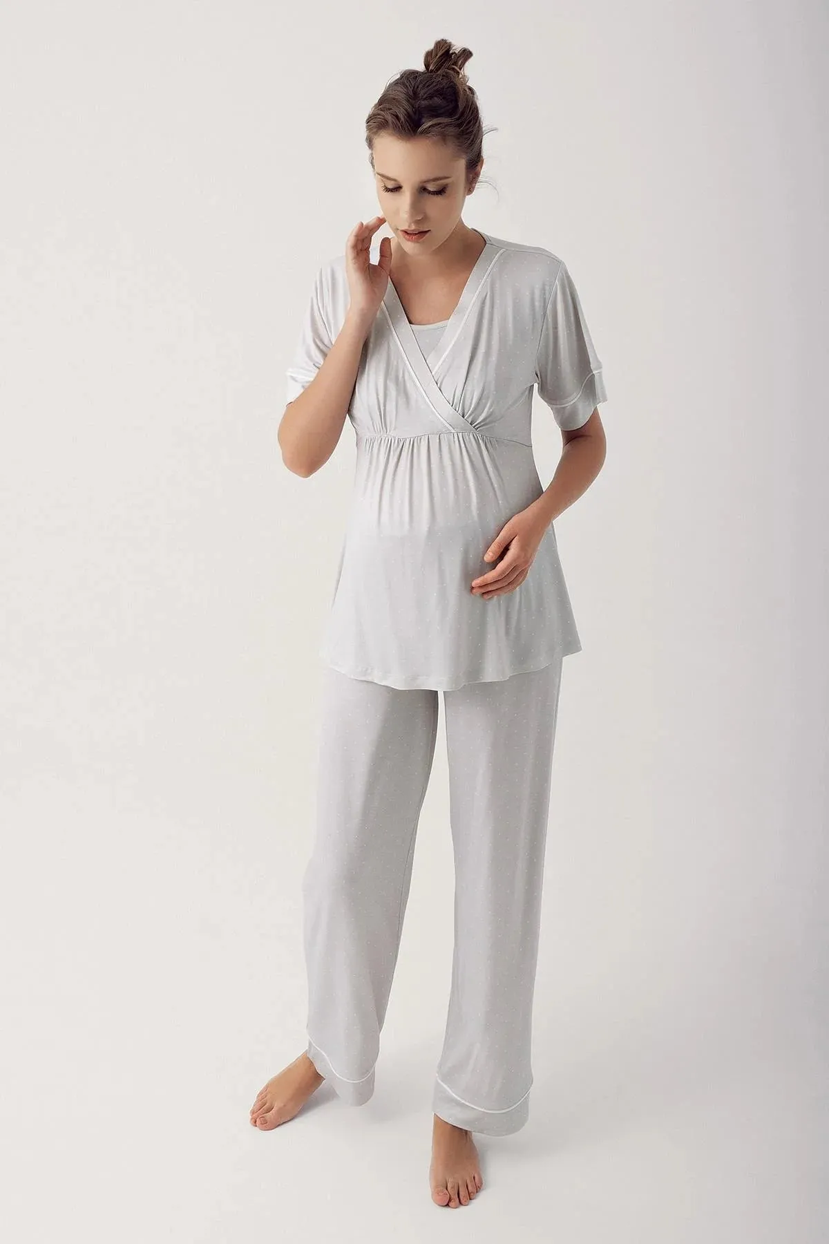 Lycra 3 pcs Maternity Rabe Pajamas Set/Gri