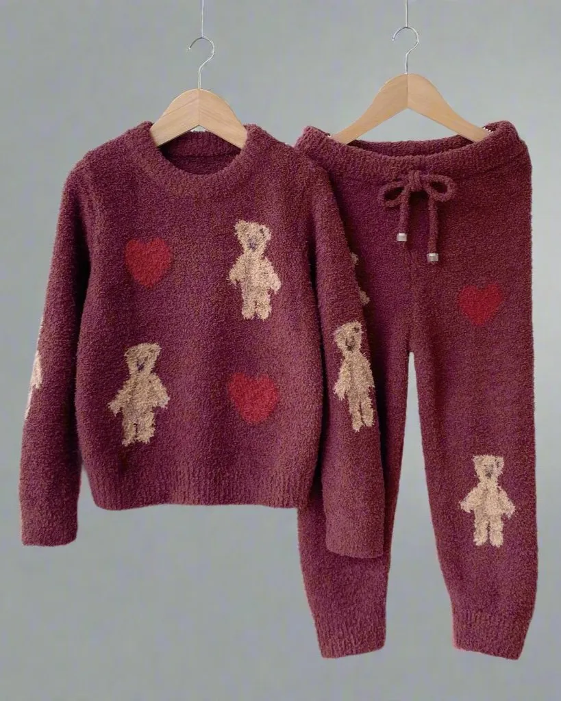 Matching Teddy Bear & Heart Fluffy Pajama Set for Mother & Daughter