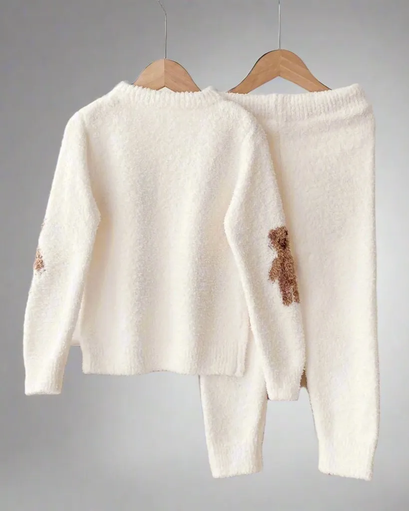 Matching Teddy Bear & Heart Fluffy Pajama Set for Mother & Daughter