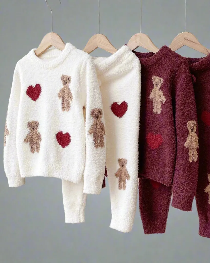 Matching Teddy Bear & Heart Fluffy Pajama Set for Mother & Daughter