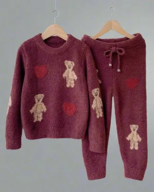 Matching Teddy Bear & Heart Fluffy Pajama Set for Mother & Daughter