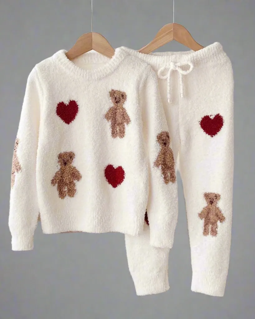 Matching Teddy Bear & Heart Fluffy Pajama Set for Mother & Daughter