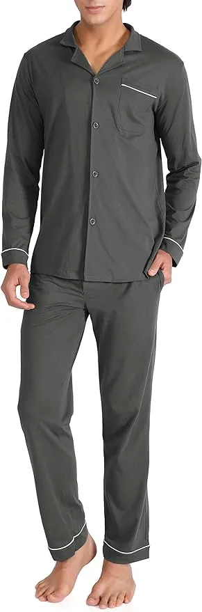 Men's Cotton Pajama Set – Soft Long Sleeve Sleepwear with Notched Collar, Pockets & Front Fly
