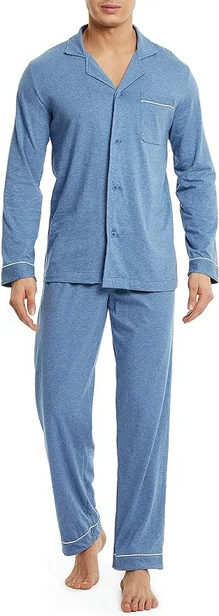 Men's Cotton Pajama Set – Soft Long Sleeve Sleepwear with Notched Collar, Pockets & Front Fly