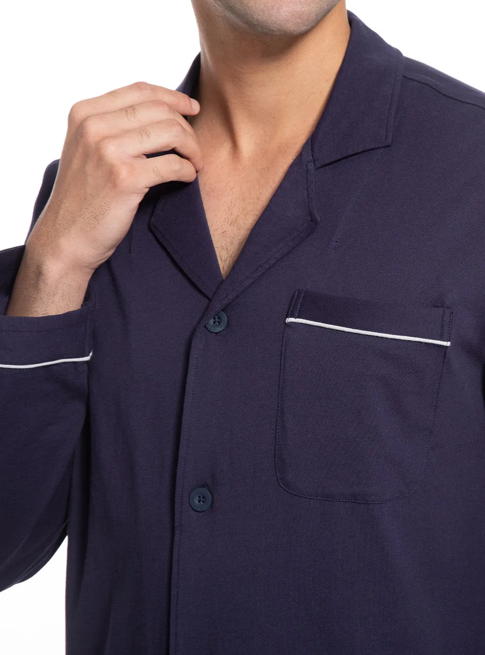 Men's Cotton Pajama Set – Soft Long Sleeve Sleepwear with Notched Collar, Pockets & Front Fly