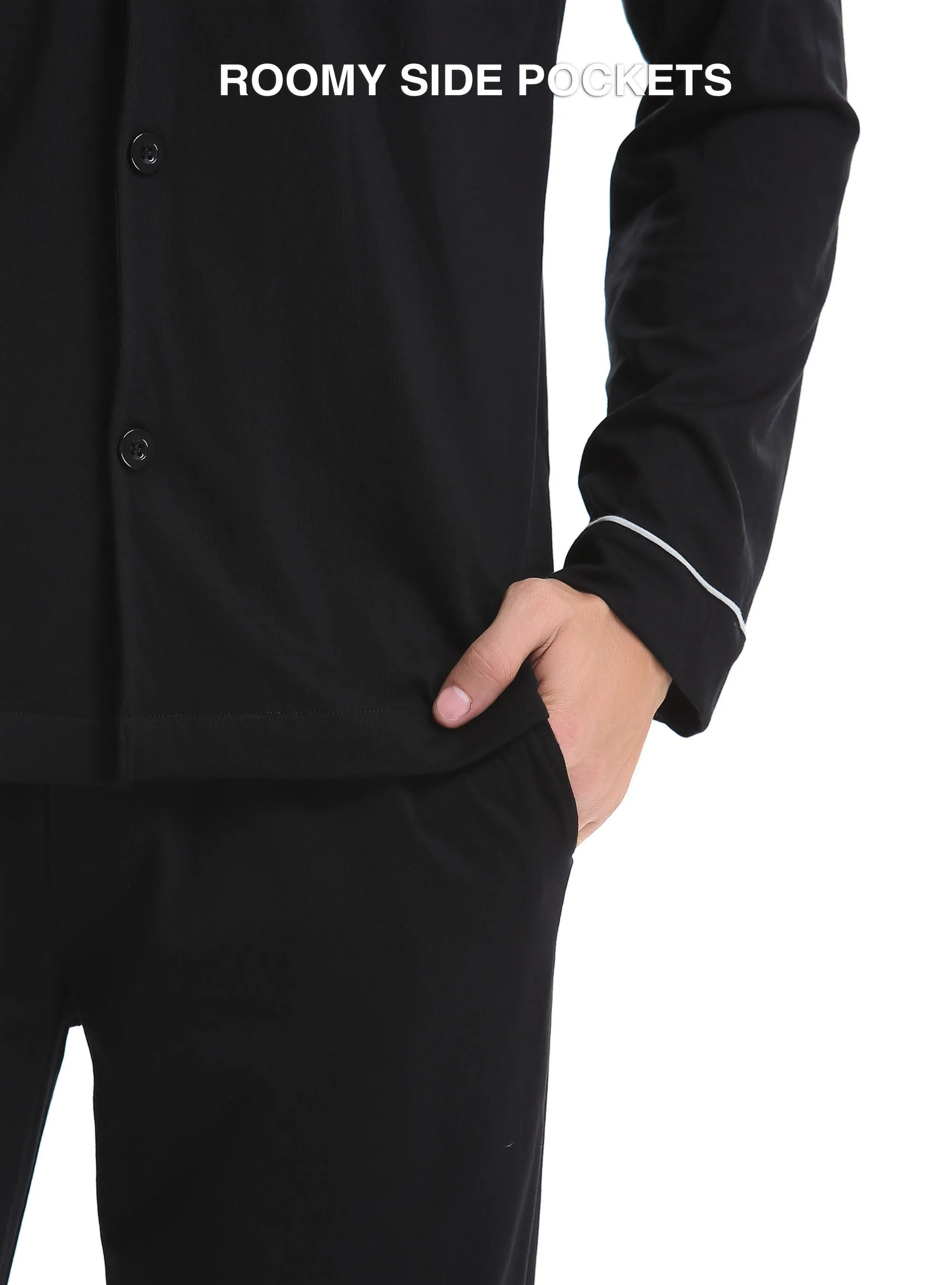 Men's Cotton Pajama Set – Soft Long Sleeve Sleepwear with Notched Collar, Pockets & Front Fly