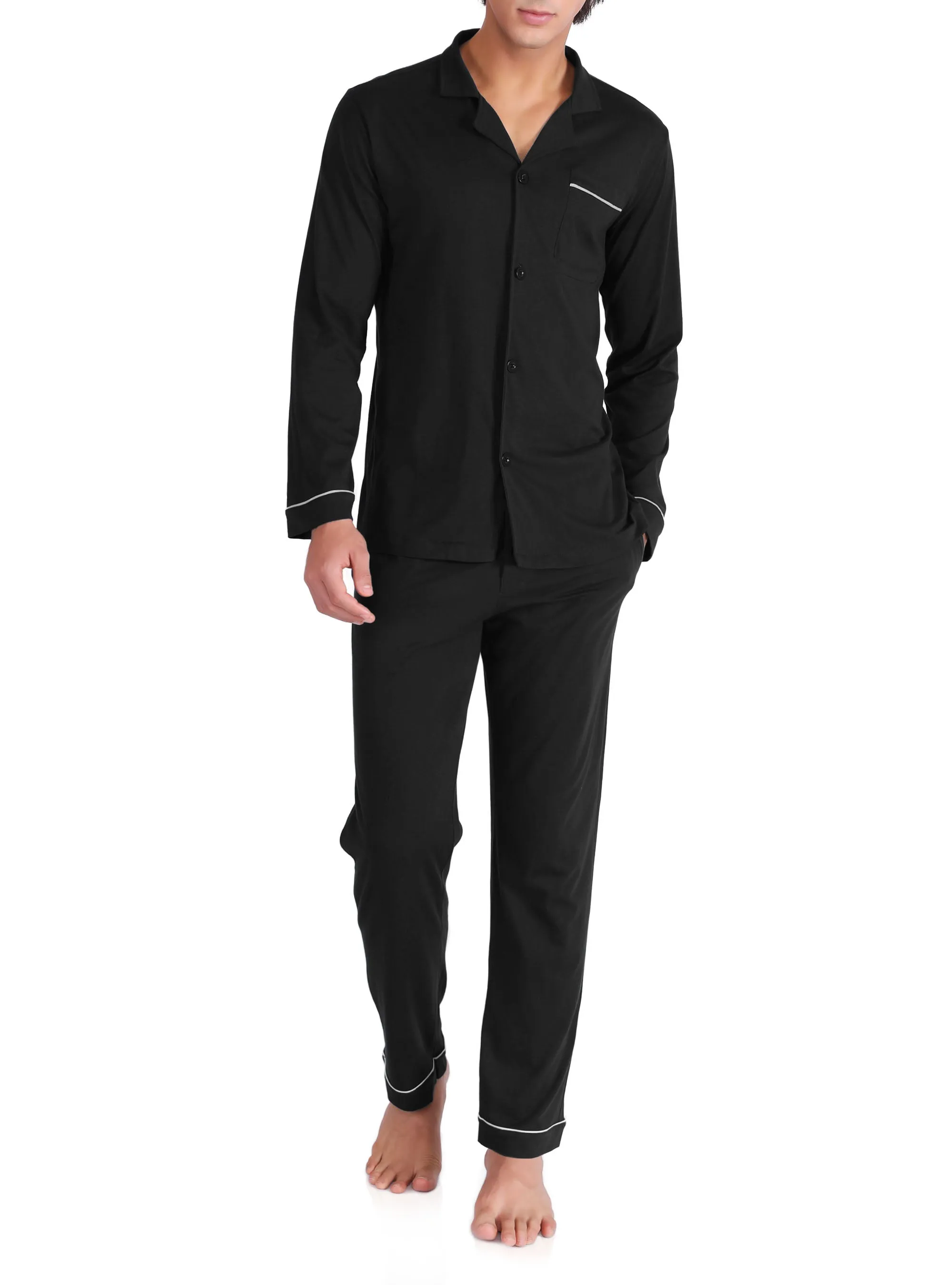 Men's Cotton Pajama Set – Soft Long Sleeve Sleepwear with Notched Collar, Pockets & Front Fly
