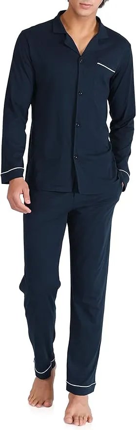 Men's Cotton Pajama Set – Soft Long Sleeve Sleepwear with Notched Collar, Pockets & Front Fly