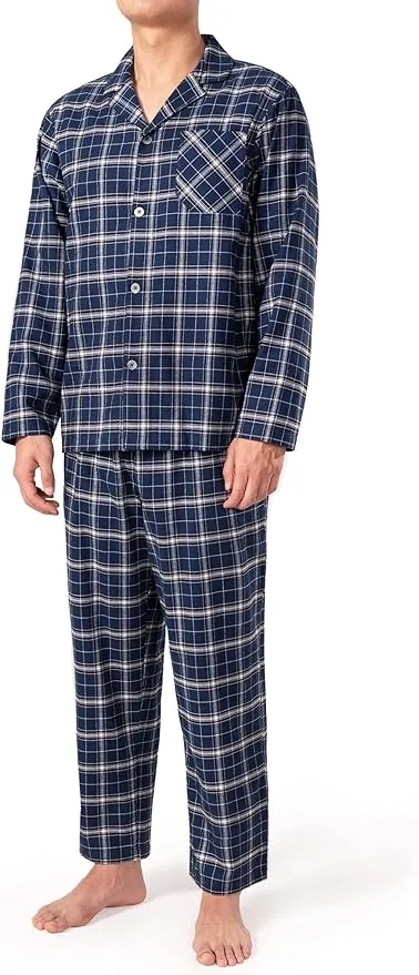 Men's Cotton Pajama Set – Soft Long Sleeve Sleepwear with Notched Collar, Pockets & Front Fly
