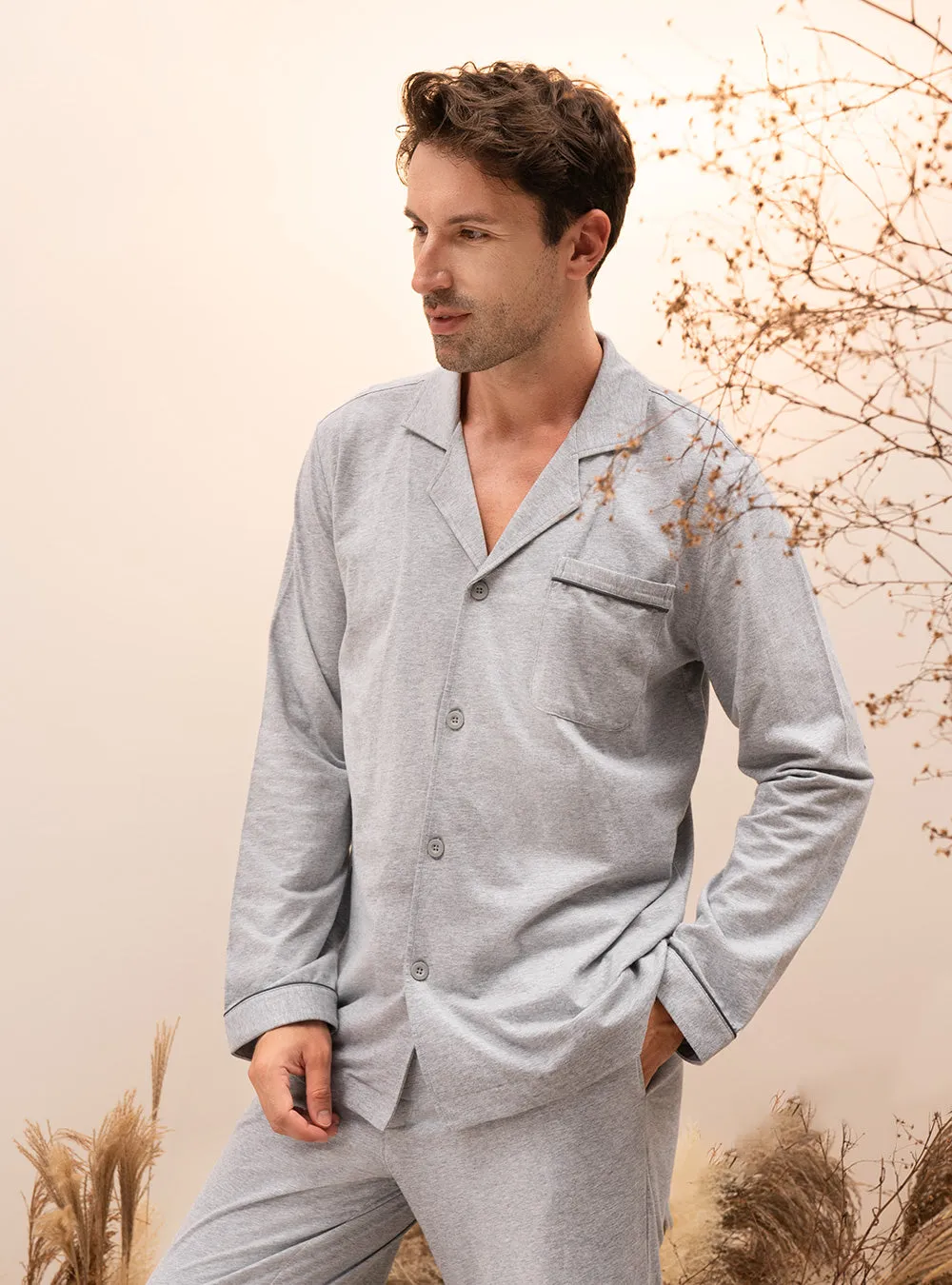 Men's Cotton Pajama Set – Soft Long Sleeve Sleepwear with Notched Collar, Pockets & Front Fly