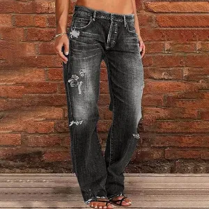 Mid-rise Ripped Straight-leg Casual Trousers