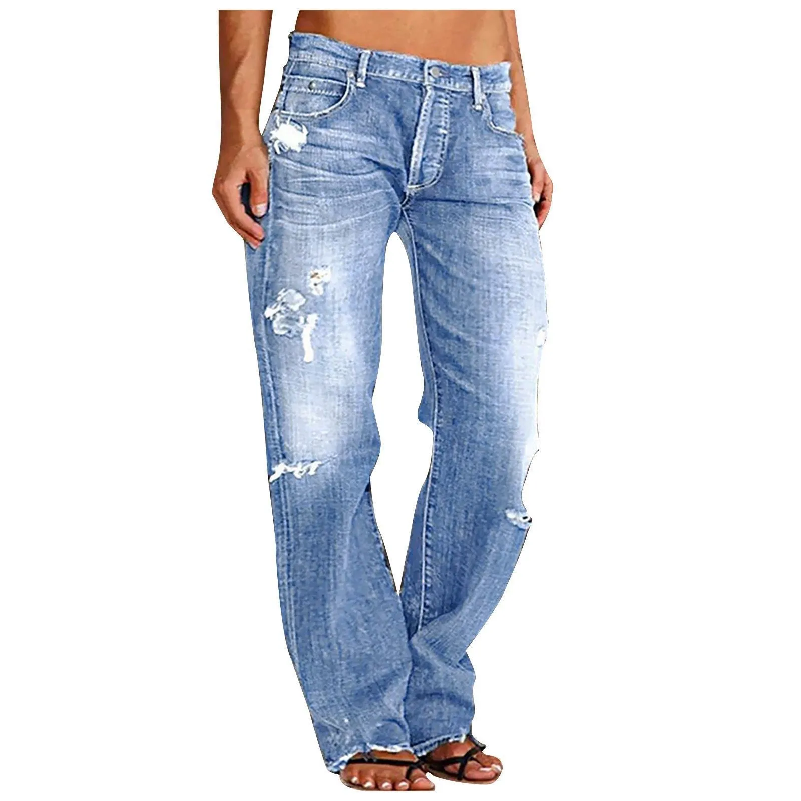 Mid-rise Ripped Straight-leg Casual Trousers