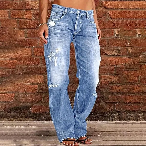 Mid-rise Ripped Straight-leg Casual Trousers