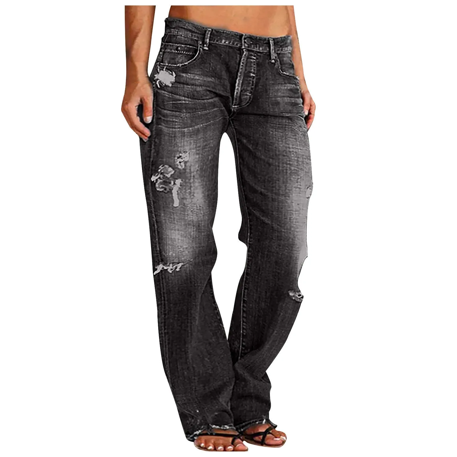 Mid-rise Ripped Straight-leg Casual Trousers