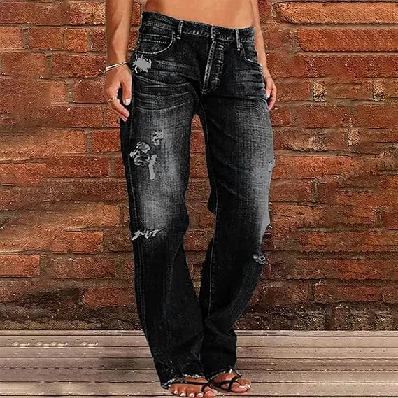 Mid-rise Ripped Straight-leg Casual Trousers