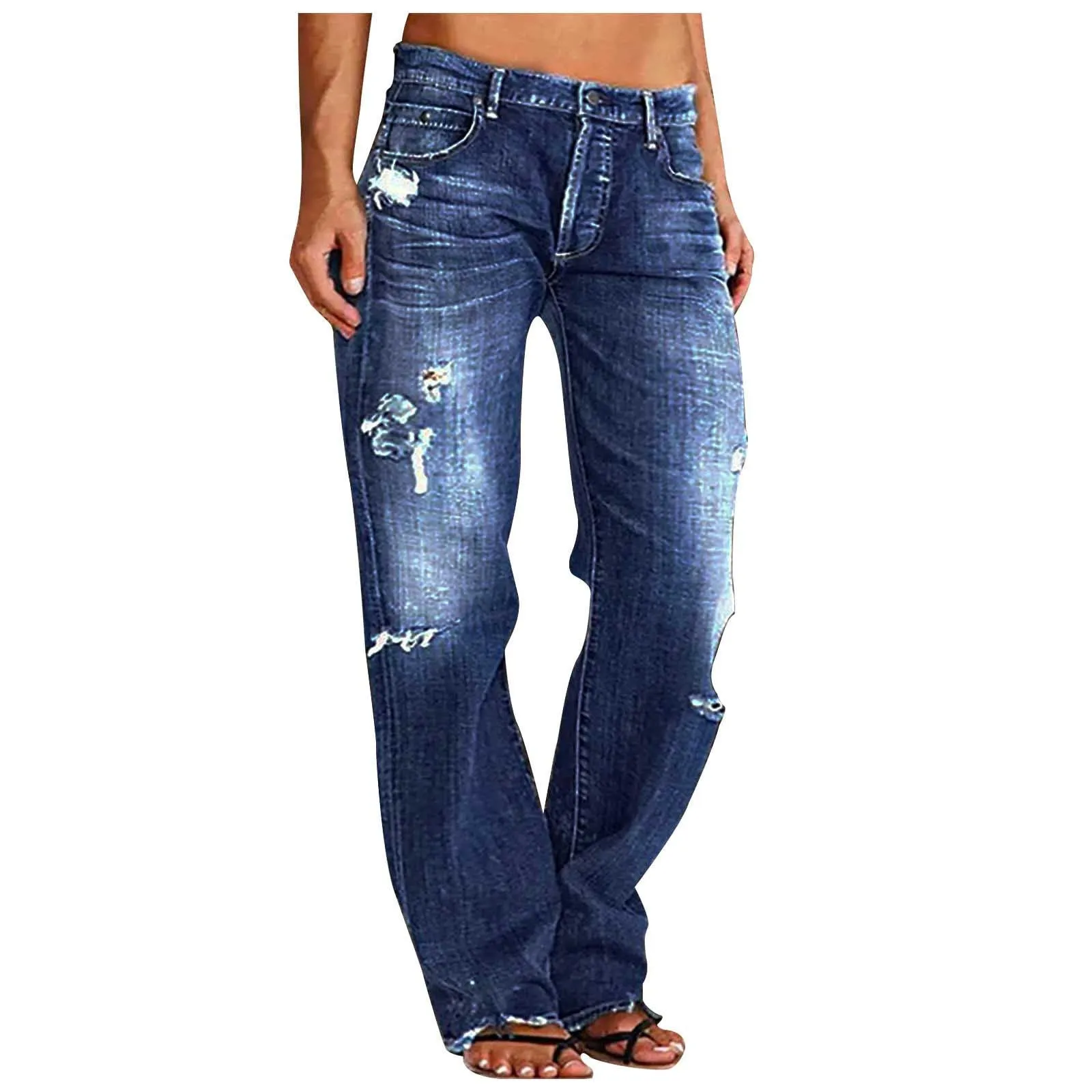 Mid-rise Ripped Straight-leg Casual Trousers