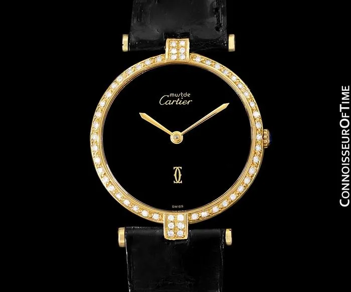 Must De Cartier Vendome Mens Midsize Unisex Vermeil Watch - 18K Gold Over Sterling Silver & Diamonds