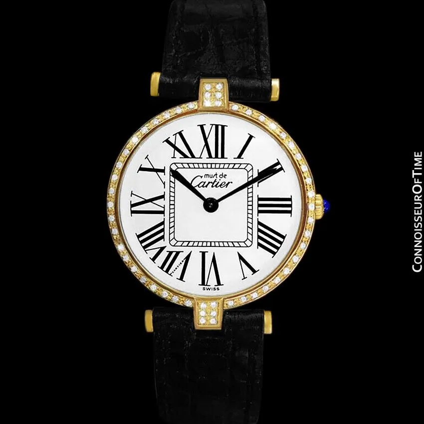 Must De Cartier Vendome Mens Midsize Unisex Vermeil Watch - 18K Gold Over Sterling Silver & Diamonds