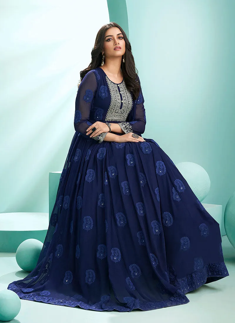 Navy Blue Lucknowi Zari Embroidered Designer Anarkali Suit