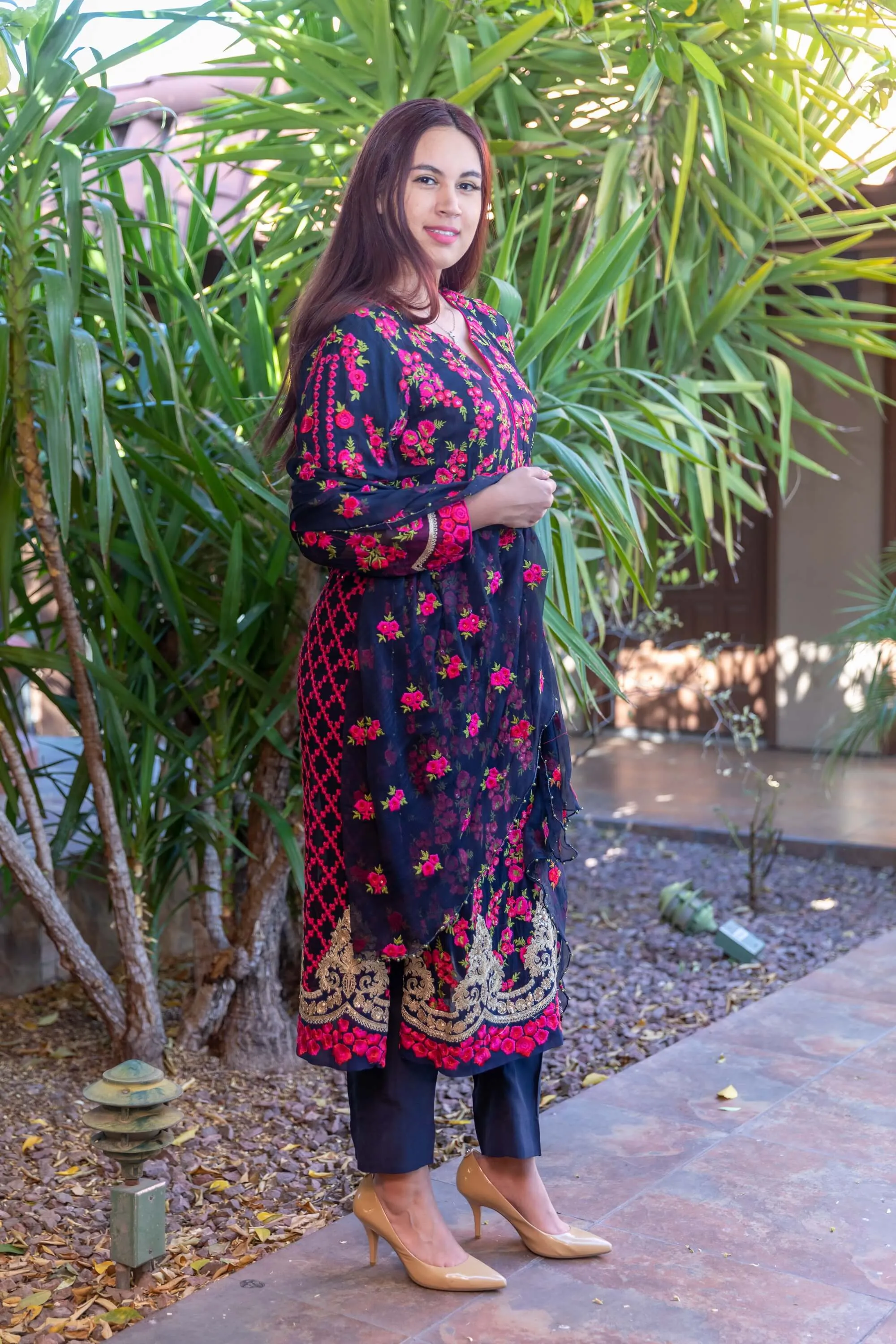 Navy Chiffon Embroider Suit with Silk Pants